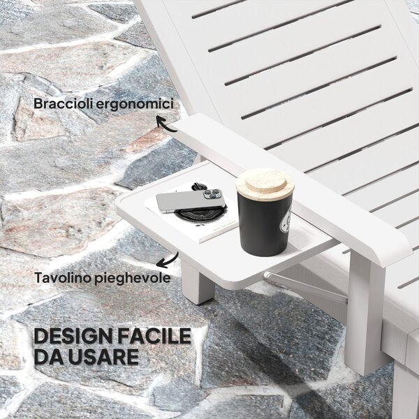 Outsunny Set 2 Sdraio da Giardino Regolabili con Tavolino e Braccioli, in Polipropilene, 79x158x88 cm, Bianco | Aosom Italy
