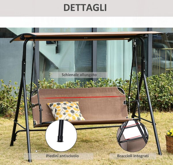VivaGarden Dondolo da Giardino 3 Posti con Tettuccio Parasole in Metallo/Poliestere Dimensioni 172x110x155 cm colore Marrone