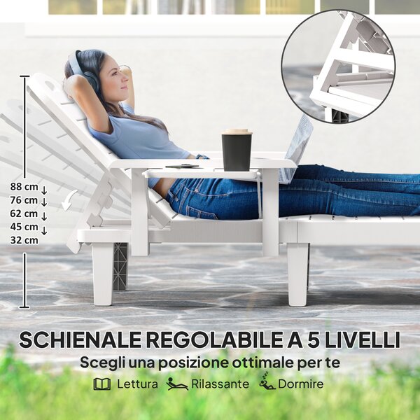 Outsunny Set 2 Sdraio da Giardino Regolabili con Tavolino e Braccioli, in Polipropilene, 79x158x88 cm, Bianco | Aosom Italy