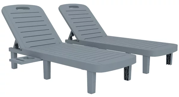 Outsunny Set 2 Lettini Prendisole con Schienale Regolabile e Vassoi, in Polipropilene, 62x158x88 cm, Grigio Scuro | Aosom Italy
