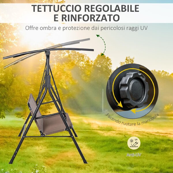 VivaGarden Dondolo da Giardino 3 Posti con Tettuccio Parasole in Metallo/Poliestere Dimensioni 172x110x155 cm colore Marrone