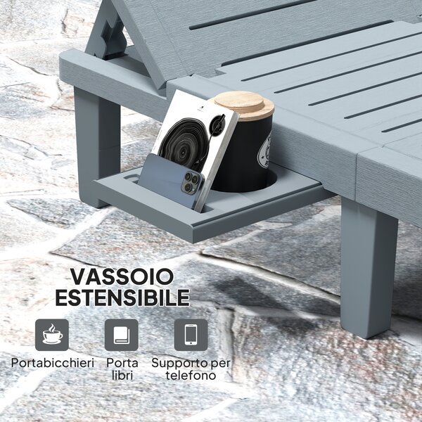 Outsunny Set 2 Lettini Prendisole con Schienale Regolabile e Vassoi, in Polipropilene, 62x158x88 cm, Grigio Scuro | Aosom Italy