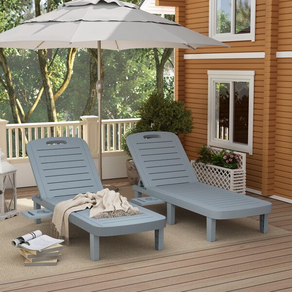 Outsunny Set 2 Lettini Prendisole con Schienale Regolabile e Vassoi, in Polipropilene, 62x158x88 cm, Grigio Scuro | Aosom Italy