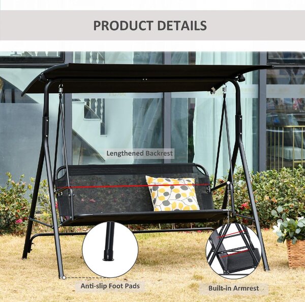 VivaGarden Dondolo da Giardino 3 Posti con Tettuccio Parasole in Metallo/Poliestere Dimensioni 172x110x155 cm colore Nero