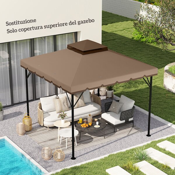 Outsunny Copertura per Gazebo 3x3 m a 2 Livelli con 8 Fori di Drenaggio, in Poliestere Cachi e Marrone | Aosom Italy