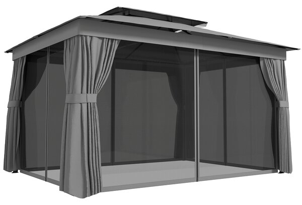 Outsunny Gazebo da Giardino a 2 Livelli con Zanzariere e Tende, in Metallo e Poliestere, 380x300x270 cm, Grigio Scuro | Aosom Italy