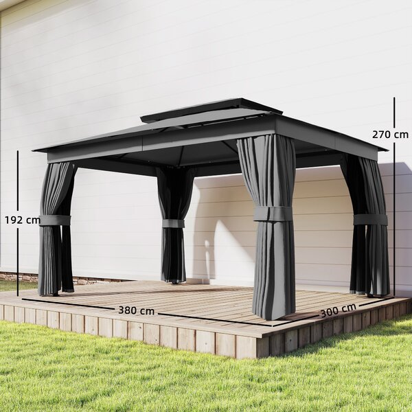 Outsunny Gazebo da Giardino a 2 Livelli con Zanzariere e Tende, in Metallo e Poliestere, 380x300x270 cm, Grigio Scuro | Aosom Italy