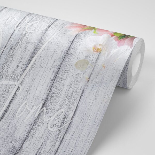 Carta da parati – Orchidea Vintage con Scritta - Love begins at home