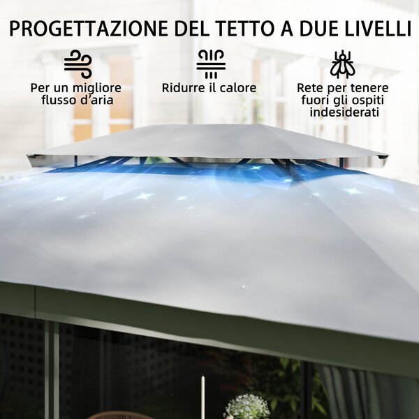 Outsunny Gazebo da Giardino a 2 Livelli con Zanzariere e Tende, in Metallo e Poliestere, 380x300x270 cm, Grigio Scuro | Aosom Italy