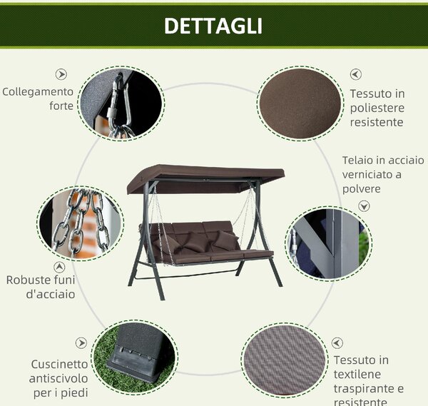 VivaGarden Dondolo da Giardino 3 Posti con Tettuccio Parasole in Metallo/Poliestere Dimensioni 198x118x168 cm colore Marrone