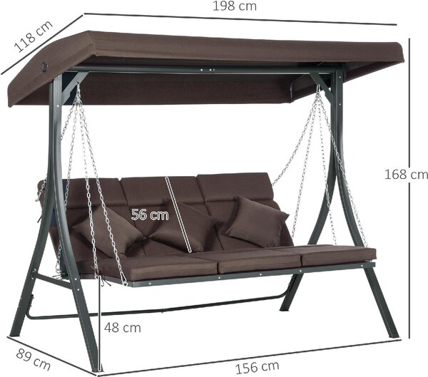 VivaGarden Dondolo da Giardino 3 Posti con Tettuccio Parasole in Metallo/Poliestere Dimensioni 198x118x168 cm colore Marrone