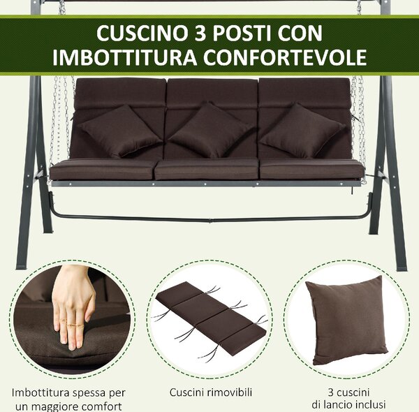 VivaGarden Dondolo da Giardino 3 Posti con Tettuccio Parasole in Metallo/Poliestere Dimensioni 198x118x168 cm colore Marrone