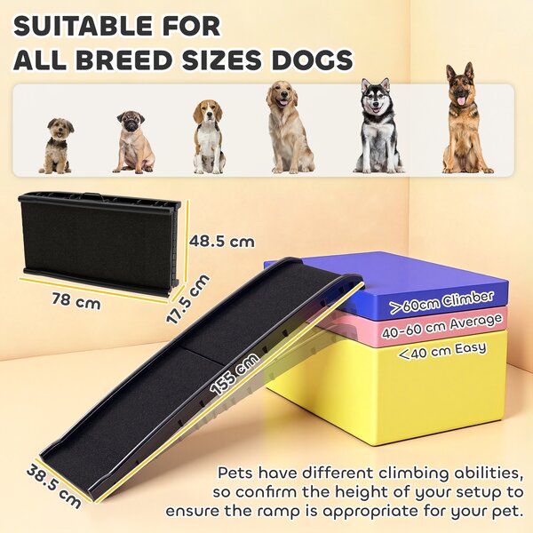 PawHut Rampa pieghevole per cani, scala per cani in PP con pendenza dolce e superficie antiscivolo, 155x38,5x15,5cm, nero | Aosom Italy