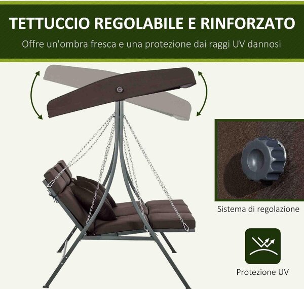 VivaGarden Dondolo da Giardino 3 Posti con Tettuccio Parasole in Metallo/Poliestere Dimensioni 198x118x168 cm colore Marrone