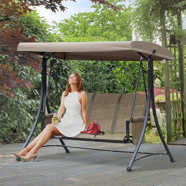 VivaGarden Dondolo da Giardino 3 Posti con Tettuccio Parasole in Metallo/Poliestere Dimensioni 196x128x172 cm colore Marrone/Nero