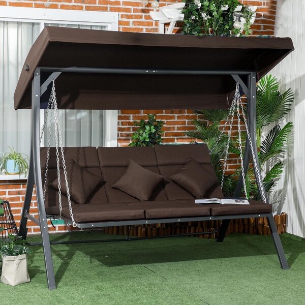 VivaGarden Dondolo da Giardino 3 Posti con Tettuccio Parasole in Metallo/Poliestere Dimensioni 198x118x168 cm colore Marrone
