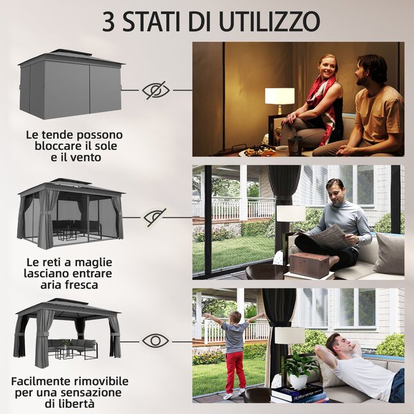 Outsunny Gazebo da Giardino a 2 Livelli con Zanzariere e Tende, in Metallo e Poliestere, 380x300x270 cm, Grigio Scuro | Aosom Italy