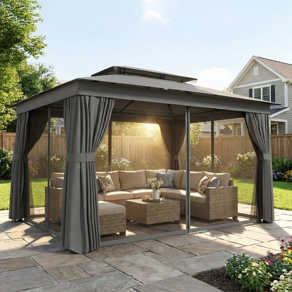 Outsunny Gazebo da Giardino a 2 Livelli con Zanzariere e Tende, in Metallo e Poliestere, 380x300x270 cm, Grigio Scuro | Aosom Italy