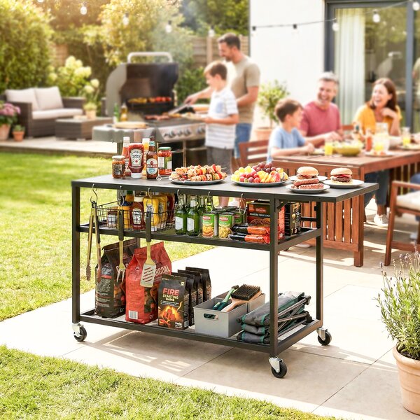 Outsunny Carrello da giardino per barbecue su ruote con Ripiano Laterale Pieghevole, Tre Ripiani, 133 x 48,5 x 82 cm, Nero | Aosom Italy
