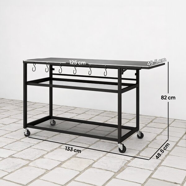 Outsunny Carrello da giardino per barbecue su ruote con Ripiano Laterale Pieghevole, Tre Ripiani, 133 x 48,5 x 82 cm, Nero | Aosom Italy