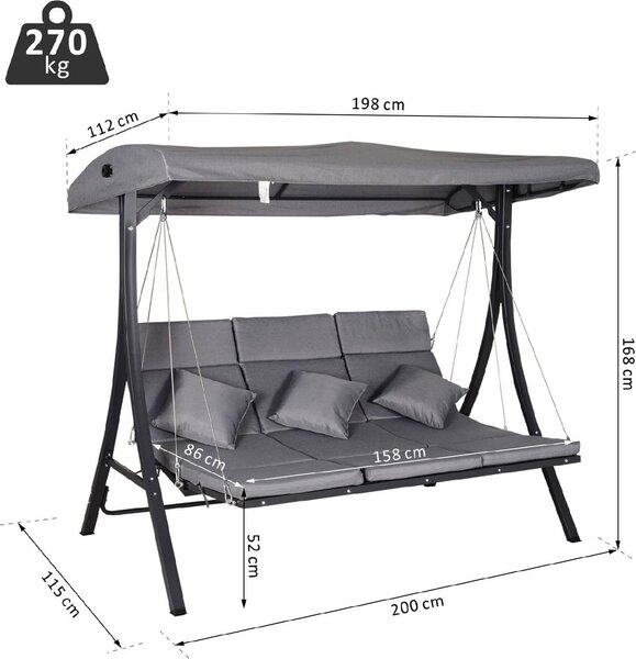 VivaGarden Dondolo da Giardino 3 Posti con Tettuccio Parasole in Metallo/Poliestere Dimensioni 200x115x168 cm colore Grigio