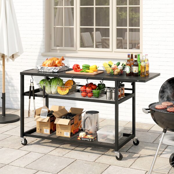 Outsunny Carrello da giardino per barbecue su ruote con Ripiano Laterale Pieghevole, Tre Ripiani, 133 x 48,5 x 82 cm, Nero | Aosom Italy