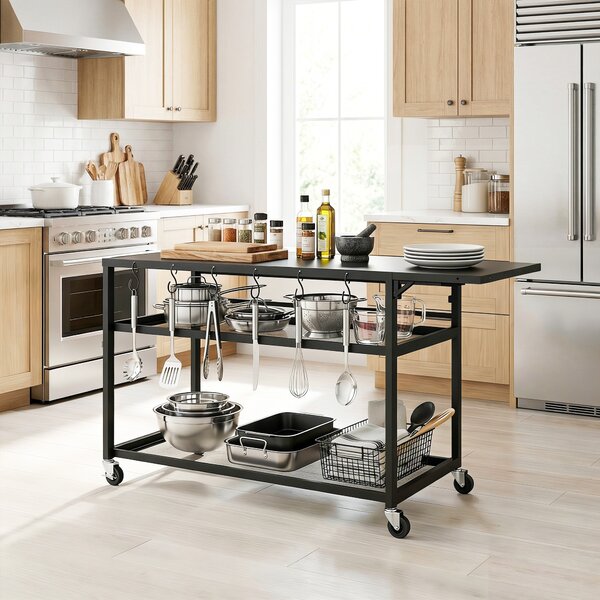 Outsunny Carrello da giardino per barbecue su ruote con Ripiano Laterale Pieghevole, Tre Ripiani, 133 x 48,5 x 82 cm, Nero | Aosom Italy