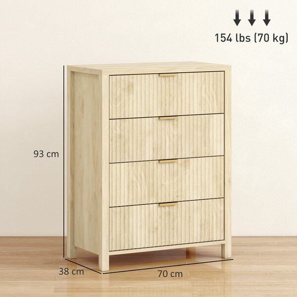 HOMCOM Cassettiera con 4 Cassetti Scanalati e Maniglie Dorate, 70x38x93 cm, Legno Naturale | Aosom Italy