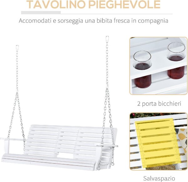 VivaGarden Dondolo da Giardino 3 Posti e Tavolino in Legno Dimensioni 150x75x53 cm colore Bianco