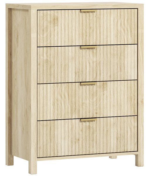 HOMCOM Cassettiera con 4 Cassetti Scanalati e Maniglie Dorate, 70x38x93 cm, Legno Naturale | Aosom Italy