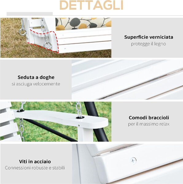 VivaGarden Dondolo da Giardino 3 Posti e Tavolino in Legno Dimensioni 150x75x53 cm colore Bianco