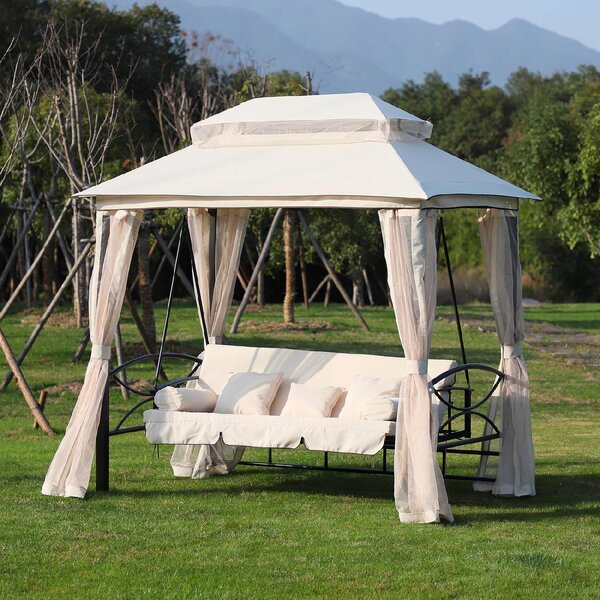 VivaGarden Dondolo da Giardino 3 Posti Reclinabile a Letto con Copertura e Zanzariere in Acciaio/Poliestere Dimensioni 245x165x243 cm colore Beige 