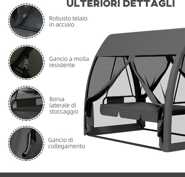 VivaGarden Dondolo da Giardino 3 Posti Reclinabile a Letto con Copertura e Zanzariere in Acciaio/Poliestere Dimensioni 240x140x197 cm colore Grigio