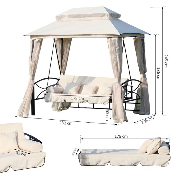 VivaGarden Dondolo da Giardino 3 Posti Reclinabile a Letto con Copertura e Zanzariere in Acciaio/Poliestere Dimensioni 245x165x243 cm colore Beige 