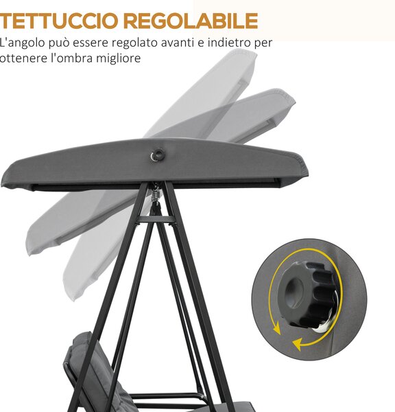 Outsunny Dondolo 2 Posti con Tettuccio Regolabile e Cuscini, in Acciaio e Poliestere, 144x117x173 cm, Grigio