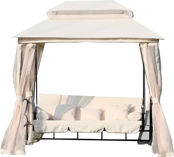 VivaGarden Dondolo da Giardino 3 Posti Reclinabile a Letto con Copertura e Zanzariere in Acciaio/Poliestere Dimensioni 245x165x243 cm colore Beige 
