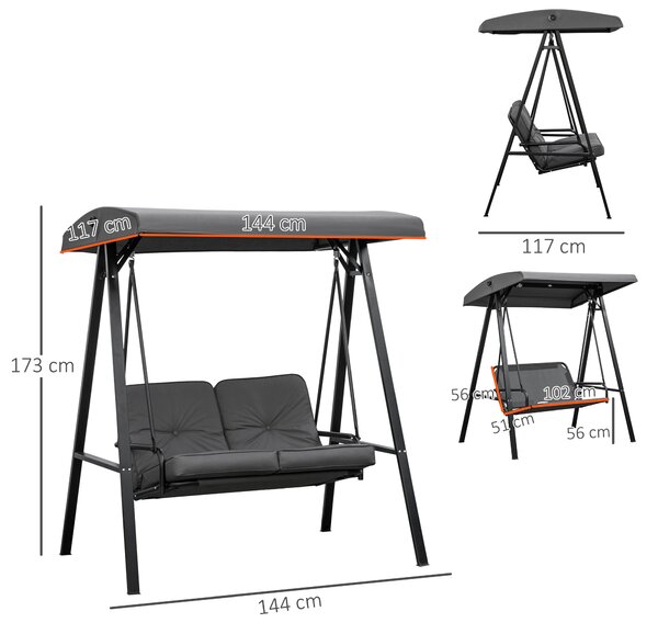 Outsunny Dondolo 2 Posti con Tettuccio Regolabile e Cuscini, in Acciaio e Poliestere, 144x117x173 cm, Grigio