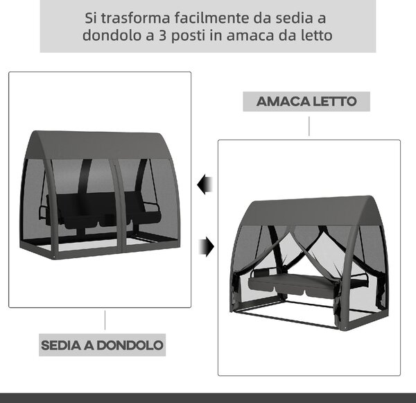 VivaGarden Dondolo da Giardino 3 Posti Reclinabile a Letto con Copertura e Zanzariere in Acciaio/Poliestere Dimensioni 240x140x197 cm colore Grigio