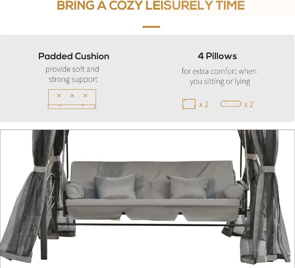 VivaGarden Dondolo da Giardino 3 Posti Reclinabile a Letto con Copertura e Zanzariere in Acciaio/Poliestere Dimensioni 256x172x248 cm colore Grigio