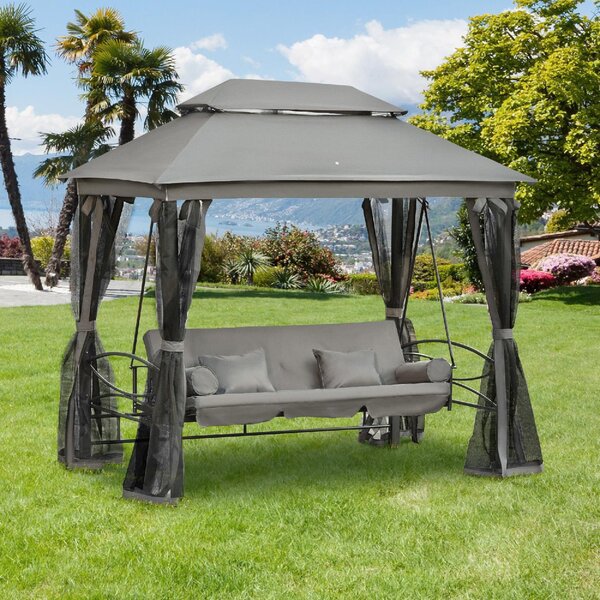 VivaGarden Dondolo da Giardino 3 Posti Reclinabile a Letto con Copertura e Zanzariere in Acciaio/Poliestere Dimensioni 256x172x248 cm colore Grigio