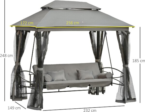 VivaGarden Dondolo da Giardino 3 Posti Reclinabile a Letto con Copertura e Zanzariere in Acciaio/Poliestere Dimensioni 256x172x248 cm colore Grigio