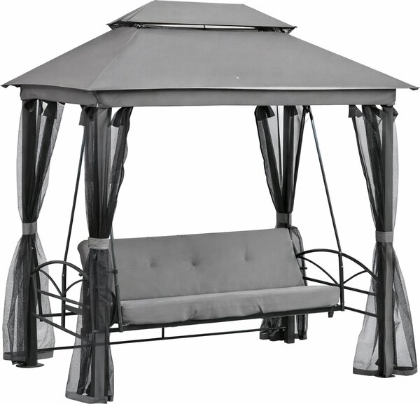 VivaGarden Dondolo da Giardino 3 Posti Reclinabile a Letto con Copertura e Zanzariere in Acciaio/Poliestere Dimensioni 256x172x248 cm colore Grigio