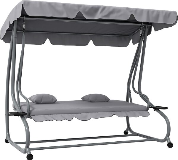 VivaGarden Dondolo da Giardino 3 Posti Reclinabile a Letto con Tettuccio Parasole e Portabicchieri in Metallo Dimensioni 200x120x164 cm colore Grigio