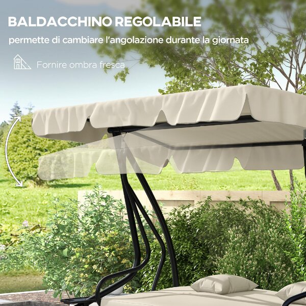 VivaGarden Dondolo da Giardino 3 Posti Reclinabile a Letto con Tettuccio Parasole e Portabicchieri in Acciaio/Poliestere Dimensioni 200x120x164 cm 