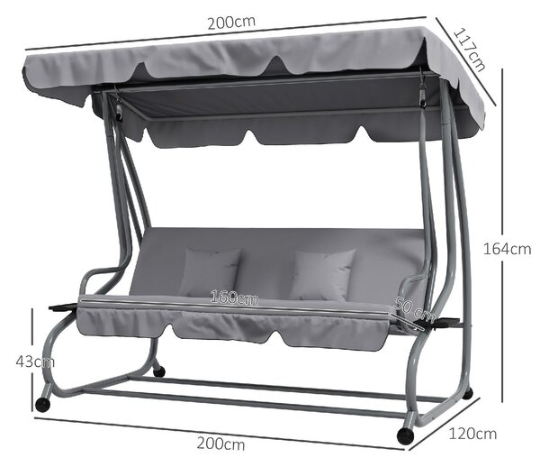 VivaGarden Dondolo da Giardino 3 Posti Reclinabile a Letto con Tettuccio Parasole e Portabicchieri in Metallo Dimensioni 200x120x164 cm colore Grigio