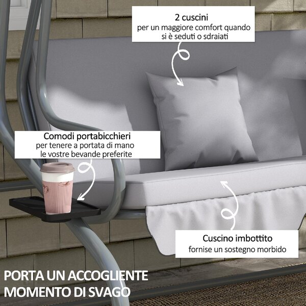 VivaGarden Dondolo da Giardino 3 Posti Reclinabile a Letto con Tettuccio Parasole e Portabicchieri in Metallo Dimensioni 200x120x164 cm colore Grigio