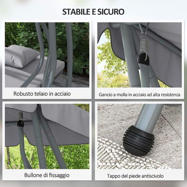 VivaGarden Dondolo da Giardino 3 Posti Reclinabile a Letto con Tettuccio Parasole e Portabicchieri in Metallo Dimensioni 200x120x164 cm colore Grigio