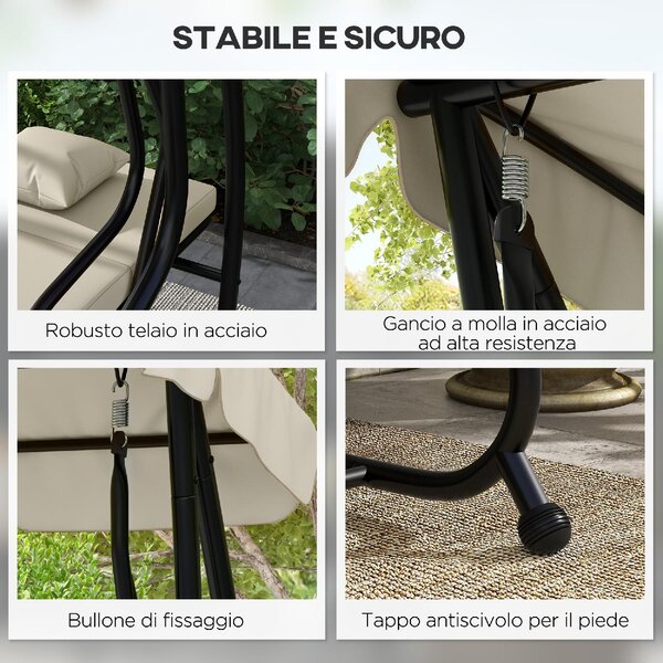 VivaGarden Dondolo da Giardino 3 Posti Reclinabile a Letto con Tettuccio Parasole e Portabicchieri in Acciaio/Poliestere Dimensioni 200x120x164 cm 