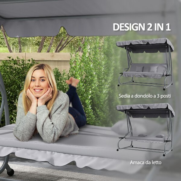 VivaGarden Dondolo da Giardino 3 Posti Reclinabile a Letto con Tettuccio Parasole e Portabicchieri in Metallo Dimensioni 200x120x164 cm colore Grigio