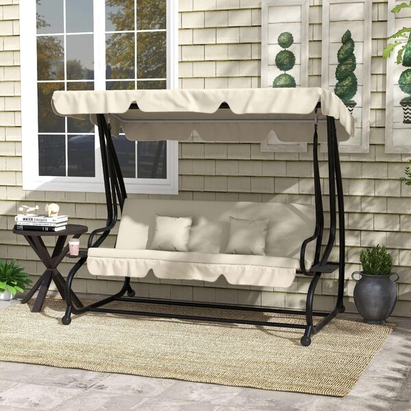 VivaGarden Dondolo da Giardino 3 Posti Reclinabile a Letto con Tettuccio Parasole e Portabicchieri in Acciaio/Poliestere Dimensioni 200x120x164 cm 